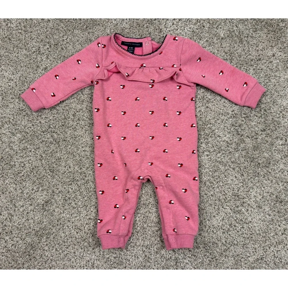 Tommy Hilfiger Baby‎ Girls Pink Heart Print Ruffle Romper One Piece 6-9M